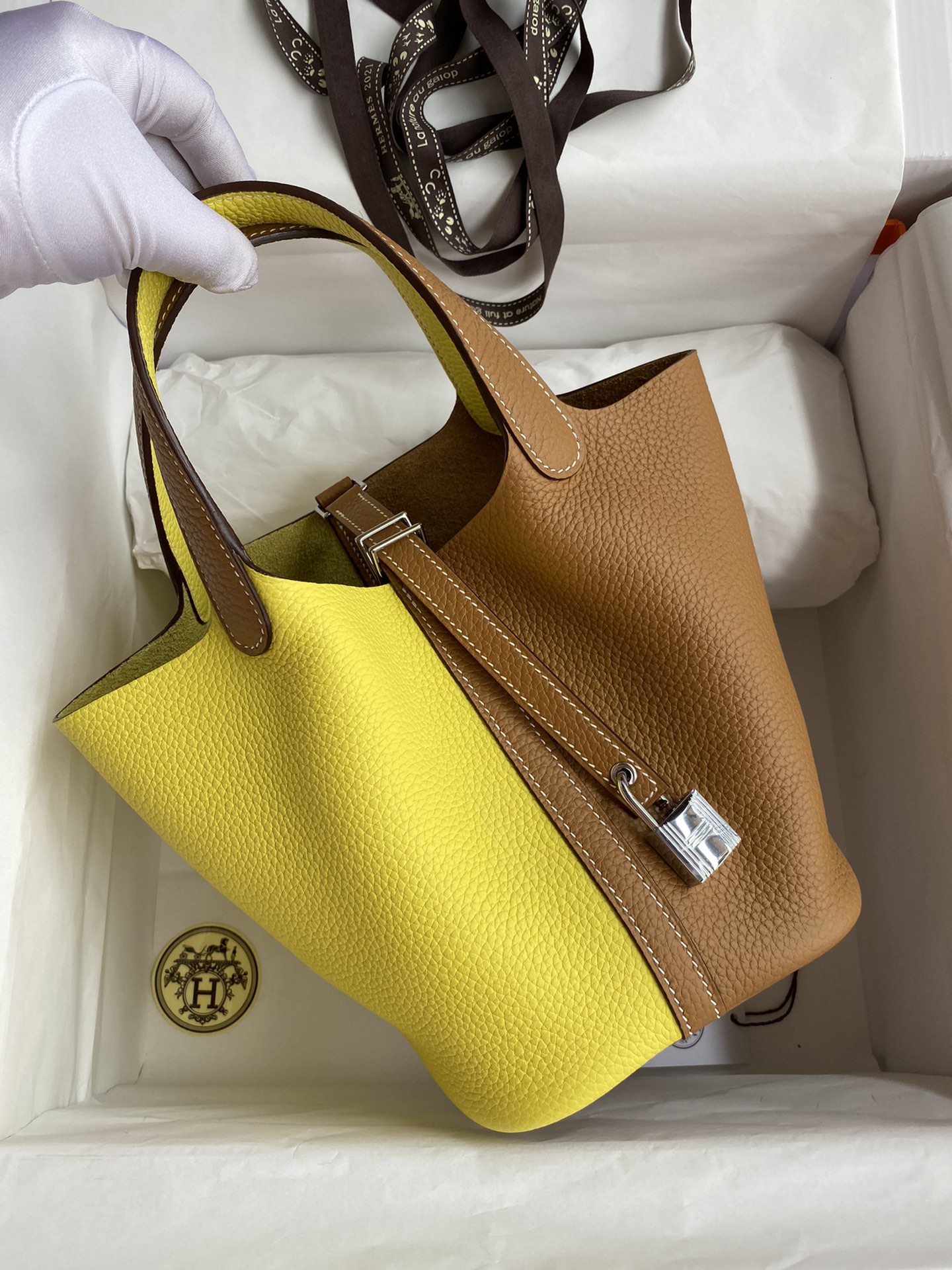 Hermes Picotin Lock 18 Bag In Yellow/Brown Clemence Leather